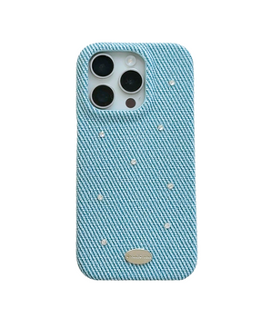 Denim Luxe phone case with blue denim fabric and crystal accents